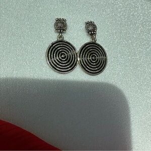 Silver Textured Circle Drop Earrings Retro Boho Statement Jewelry Art Deco Style